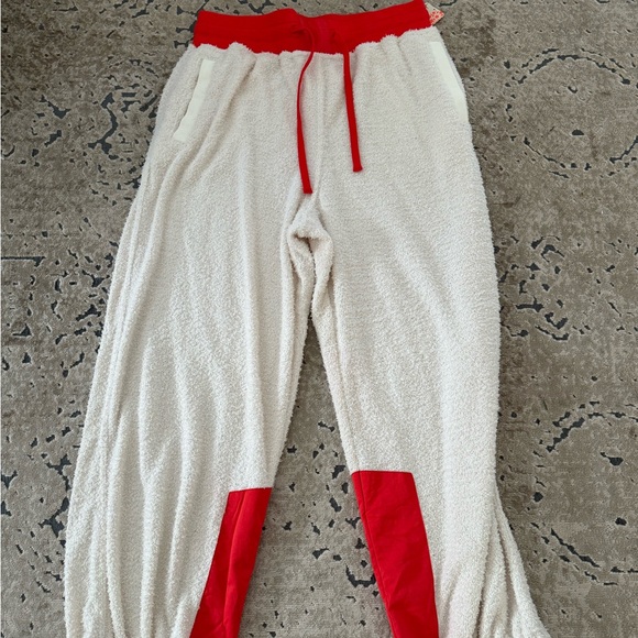 Free People Movement Cuddle Up Fleece Tie Waist Jogger Pants in Ivory & Orange - Picture 1 of 8